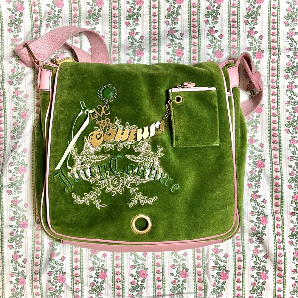 Juicy Couture Velvet Green and Pink Crossbody Bag